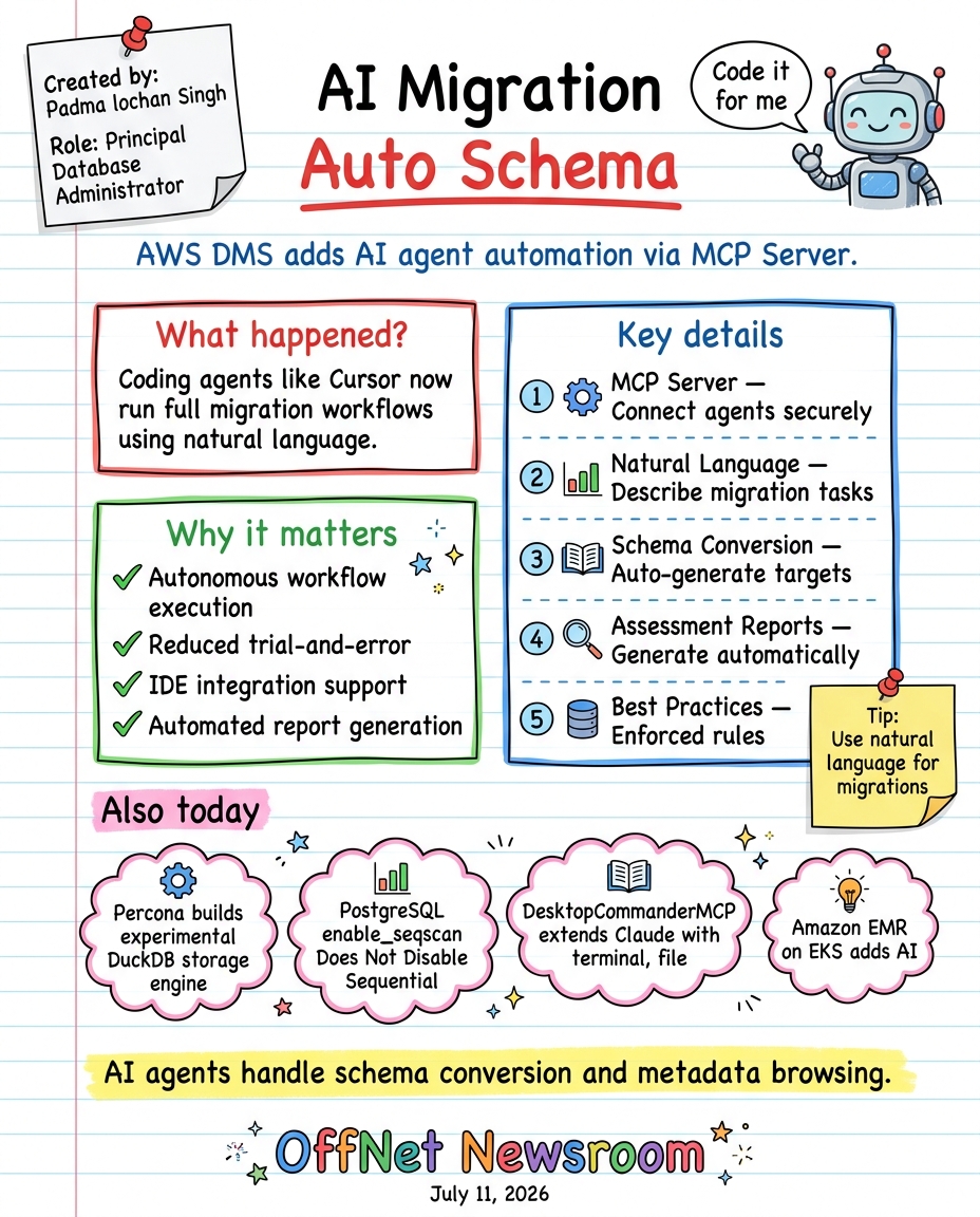 Hand-drawn sketchnote — AWS DMS Schema Conversion integrates AI agent automation via MCP Server