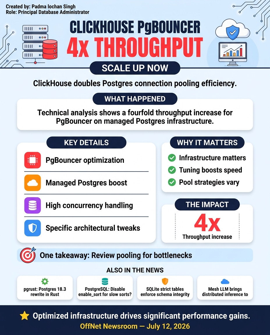 Hand-drawn sketchnote — ClickHouse scales PgBouncer to 4x throughput for managed Postgres