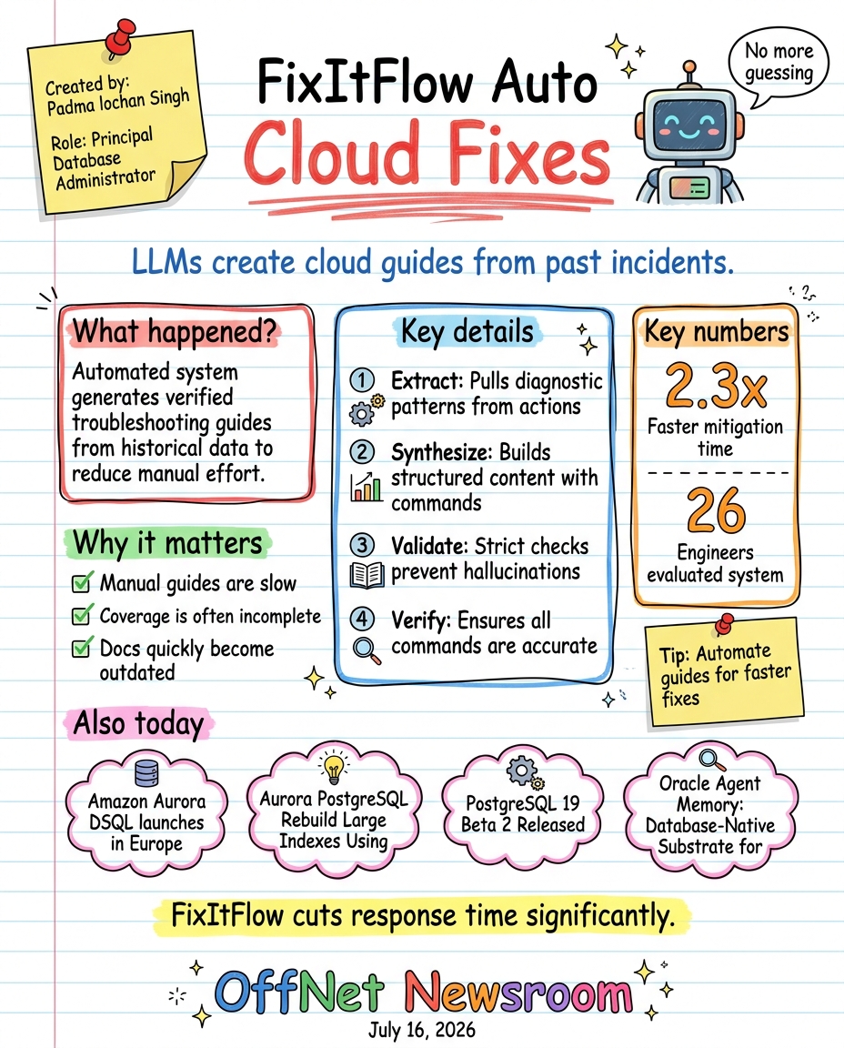 Hand-drawn sketchnote — FixItFlow auto-generates cloud troubleshooting guides from incident data