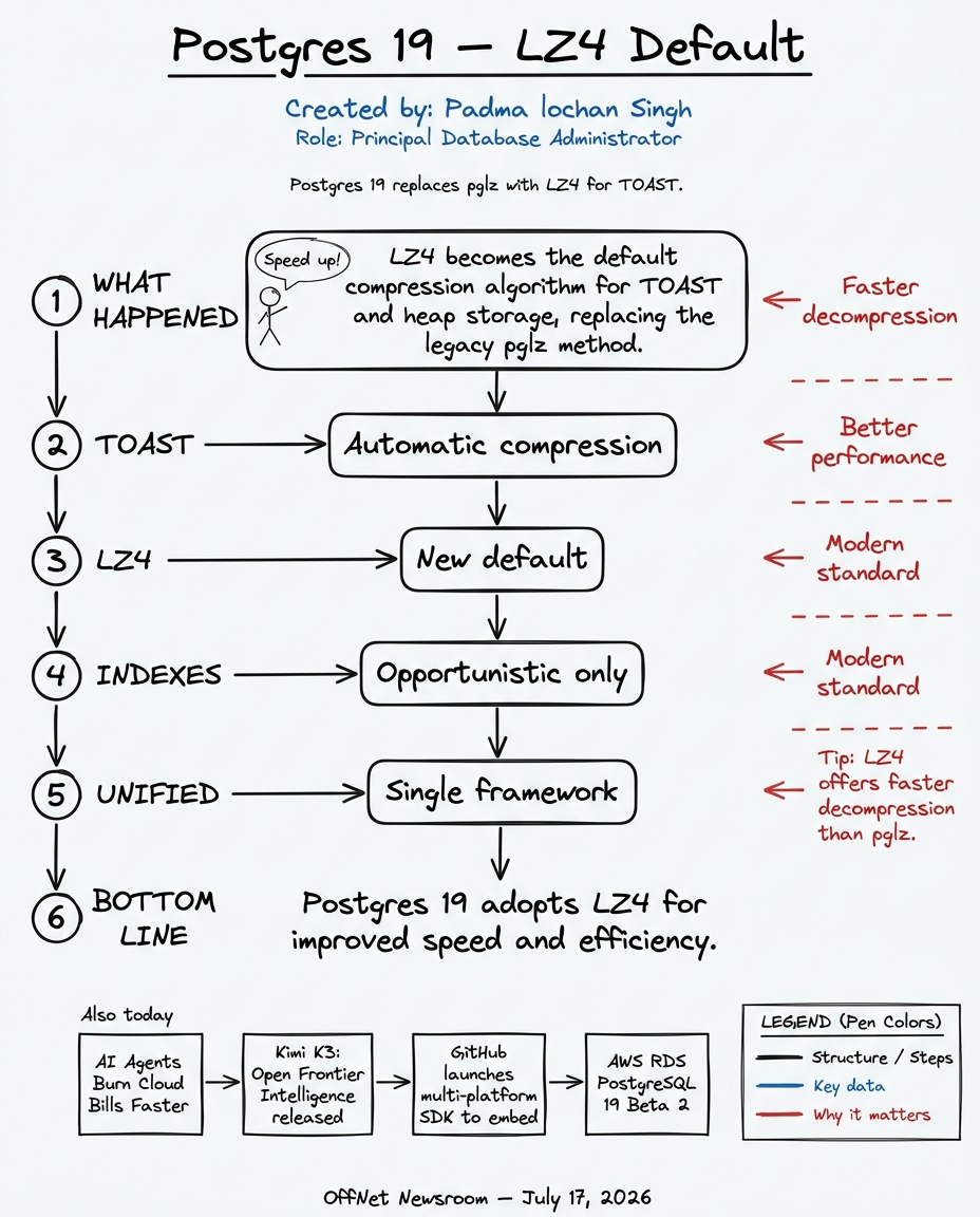 Hand-drawn sketchnote — Postgres 19 Shifts Default TOAST Compression from pglz to LZ4