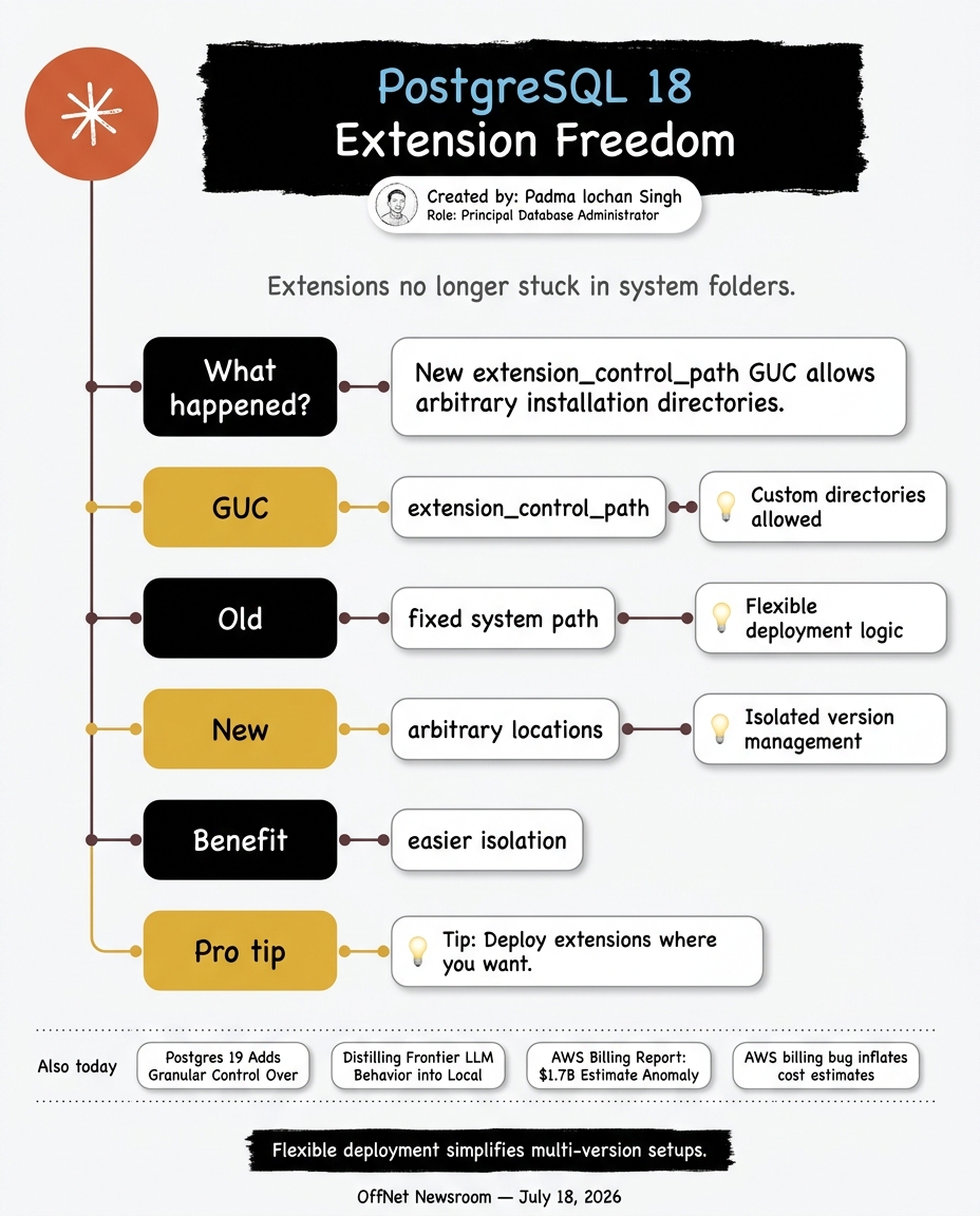Hand-drawn sketchnote — PostgreSQL 18 drops system dir requirement for extensions via extension_control_path