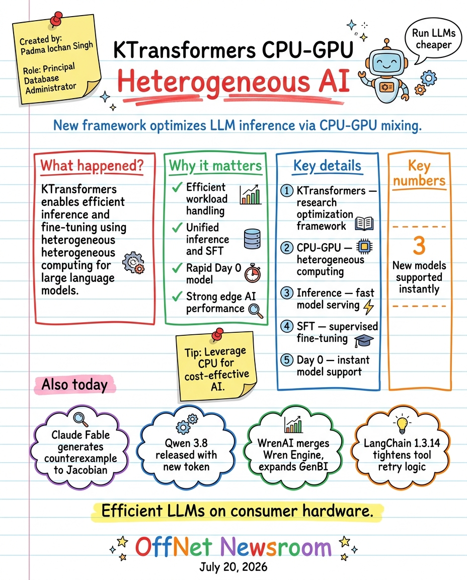 Hand-drawn sketchnote — KTransformers enables CPU-GPU heterogeneous inference and fine-tuning for LLMs