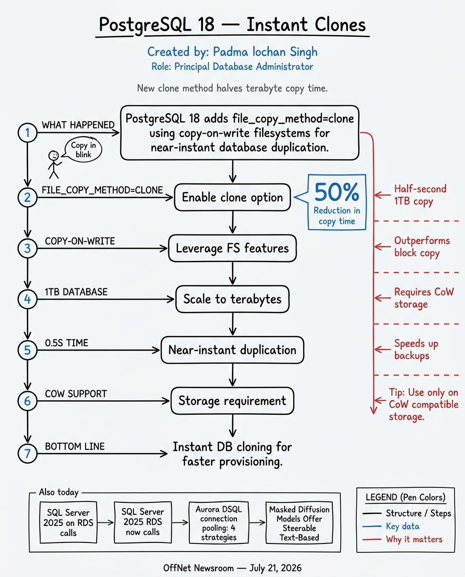 Hand-drawn sketchnote — PostgreSQL 18 file_copy_method clone halves terabyte copy time