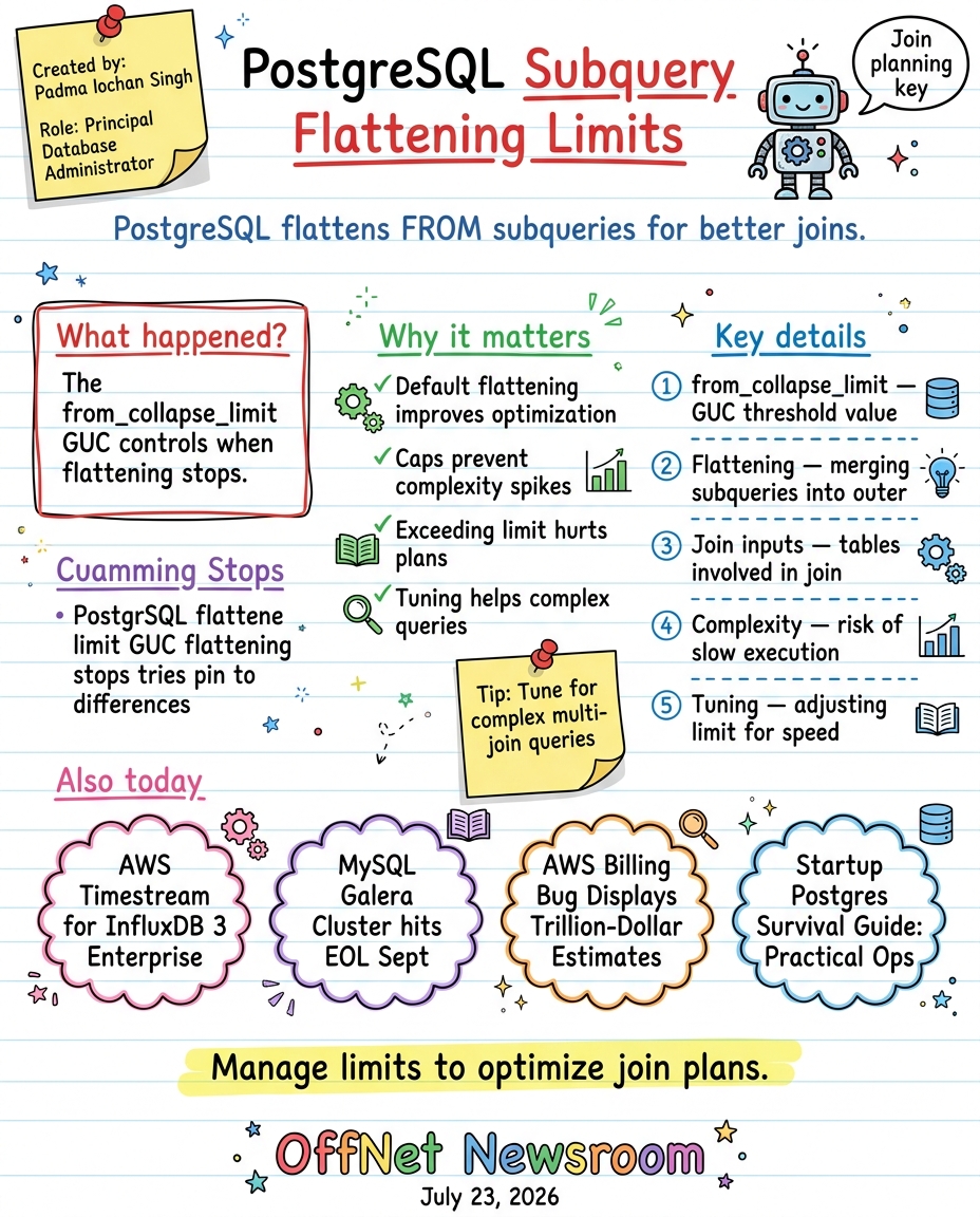 Hand-drawn sketchnote — PostgreSQL from_collapse_limit controls subquery flattening