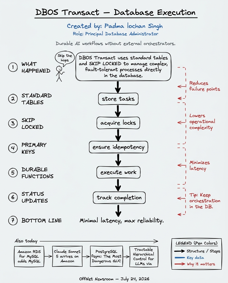 Hand-drawn sketchnote — DBOS Transact compiles workflows into databases using SKIP LOCKED and standard tables